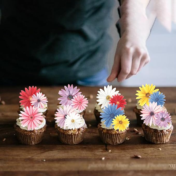 60 Pack Edible Flower Cupcake Toppers Wafer Paper Flower Cake Picks for Bridal Engagement Baby Shower Wedding Birthday Party Cake Decorations Supplies Colorful Style 2