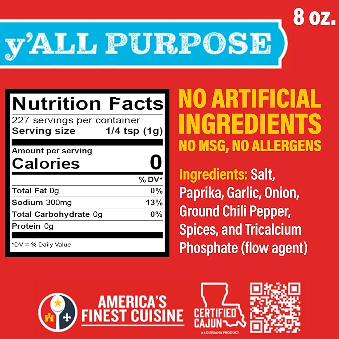 Ragin' Cajun y'ALL PURPOSE Seasoning - 8 oz Shaker, Low Sodium, No MSG - Mild Louisiana Cajun Spice for Meats, Seafood & Veggies