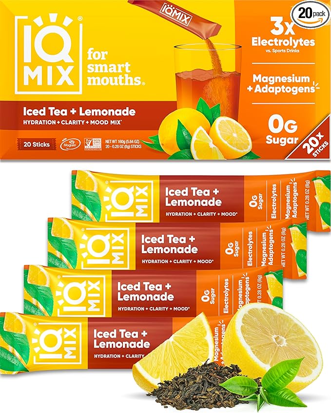 IQMIX Hydration Electrolyte Powder ??4-in-1 Formula for Hydration, Mental Clarity, Mood and Recovery ??Sugar-Free Drink Mix, Keto, Magnesium L-Threonate, Lion?™s Mane ??20 Count New Iced Tea Lemonade