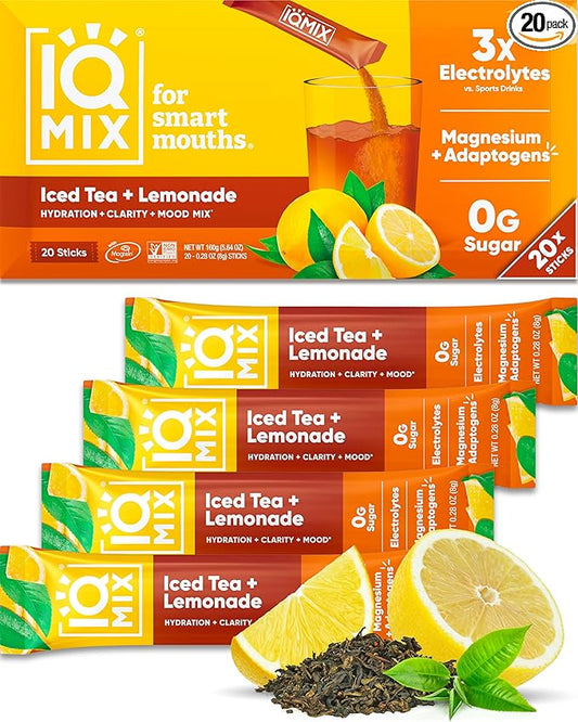 IQMIX Hydration Electrolyte Powder ??4-in-1 Formula for Hydration, Mental Clarity, Mood and Recovery ??Sugar-Free Drink Mix, Keto, Magnesium L-Threonate, Lion?™s Mane ??20 Count New Iced Tea Lemonade