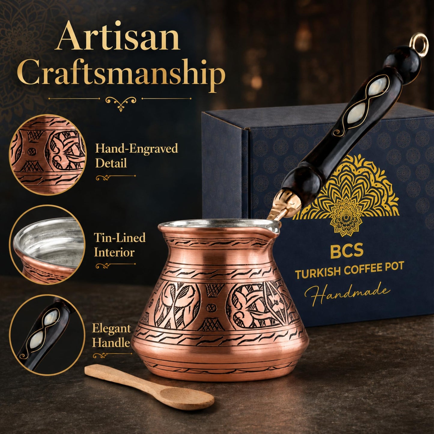 BCS 18 oz Handmade Copper Turkish Coffee Pot, Hand-Engraved Cezve & Spoon