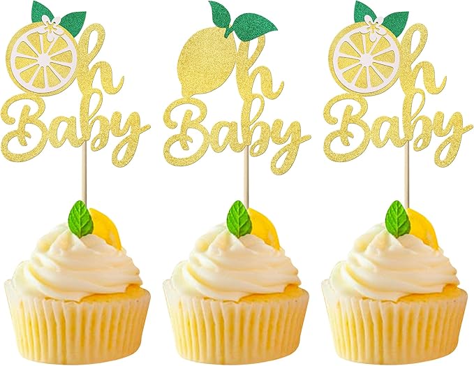 24 Pack Lemon Oh Baby Cupcake Toppers Glitter Baby Shower Cupcake Picks Summer Lemon Fruit Cake Decorations for Kids Birthday Theme Baby Shower Party Supplies
