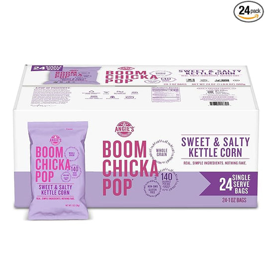 Angie's BOOMCHICKAPOP Sweet & Salty Kettle Corn Popcorn, Lunchbox Snack, 1 oz. Individual Bag (Pack of 24)