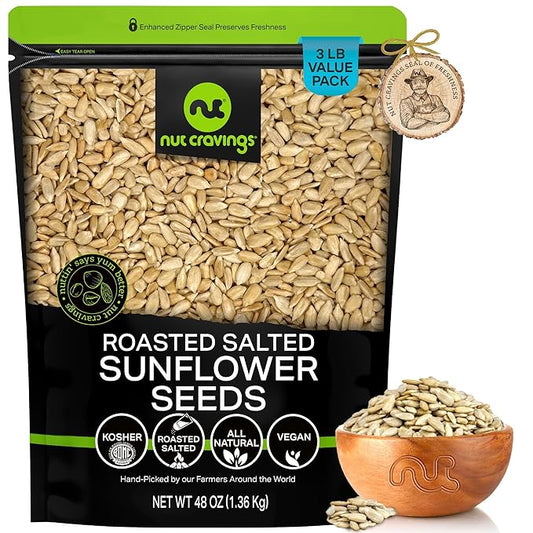 NUT CRAVINGS - Roasted Salted Sunflower Seeds Kernels to eat, No Shell Hulled (48oz - 3 LB) Bulk Nuts Packed Fresh in Resealable Bag - Healthy Protein Food Snack, Food Assortments