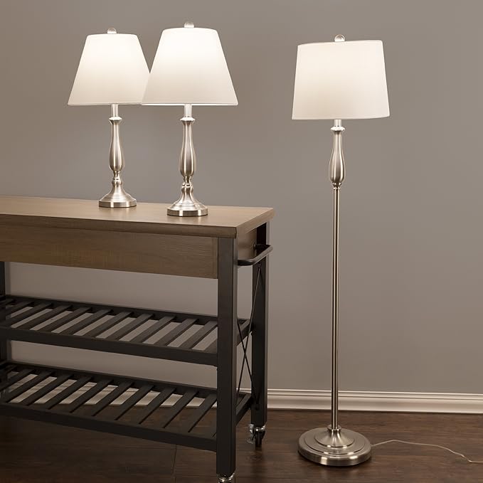 3-Piece Home Lighting Set - Coordinating Bundle with 2 Table Lamps and 1 Floor Lamp for Home and Office Decor by Lavish Home (Silver)