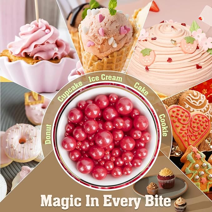 Twisweet Red Pearl Sprinkles for Cake Decorating, Edible Sugar Pearls for Baking, Mix Size, Cake Topper Cupcake Cookie Ice Cream Dessert Decorations, Valentines Birthday Christmas Supplies (130g/4.58oz)