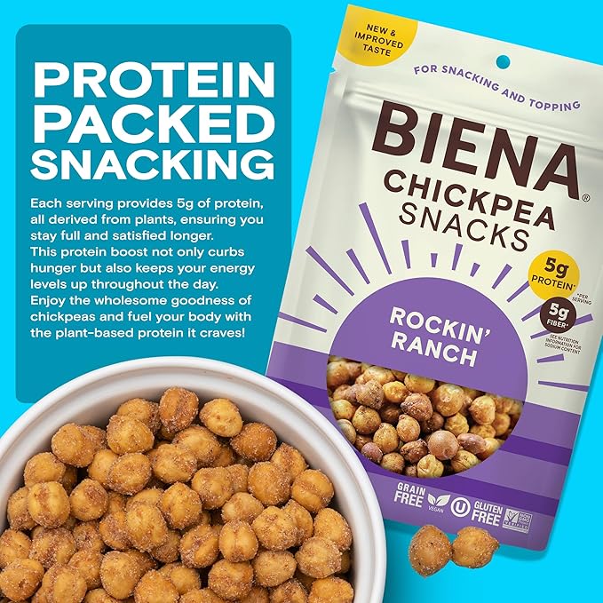 BIENA Chickpea Snacks - Crunchy Roasted Chickpeas - High Fiber Vegan Protein Snacks for Adults and Kids - 8-Pack, 5 Ounce Bags - Rockin??Ranch