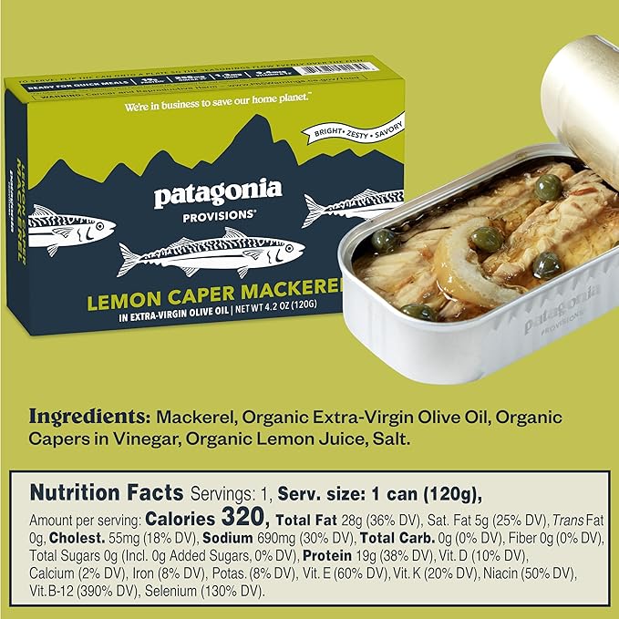 Patagonia Provisions Lemon Lovers Sampler with Rosemary Garlic Crackers | (1) Lemon Caper Mackerel, (1) Lemon Olive Anchovies, (1) Lemon Herb Mussels