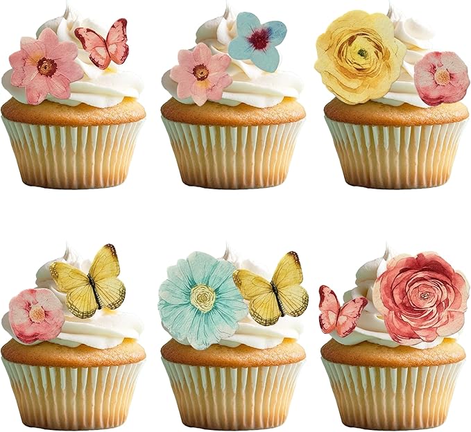 102 PCS Edible Flowers Butterfly Cupcake Toppers Rose Daisy Butterflies Flowers Cake Toppers Flowers Party Decorations for Wedding Engagement Birthday Party Decorations Supplies Mixed Size & Colour