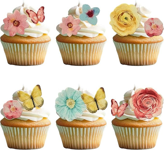 102 PCS Edible Flowers Butterfly Cupcake Toppers Rose Daisy Butterflies Flowers Cake Toppers Flowers Party Decorations for Wedding Engagement Birthday Party Decorations Supplies Mixed Size & Colour