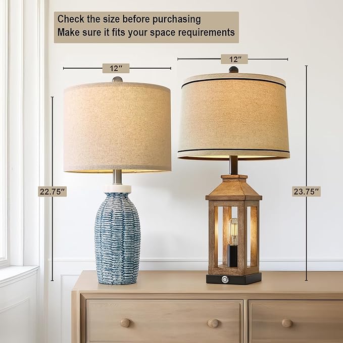 22.75" Table Lamps for Bedroom Living Room Boho Lamp Set of 2 Farmhouse Lamp Bedside Nightstand Small Rustic Vintage Retro Modern Table Lamp Light Home Office Desk Deco Gifts, Blue