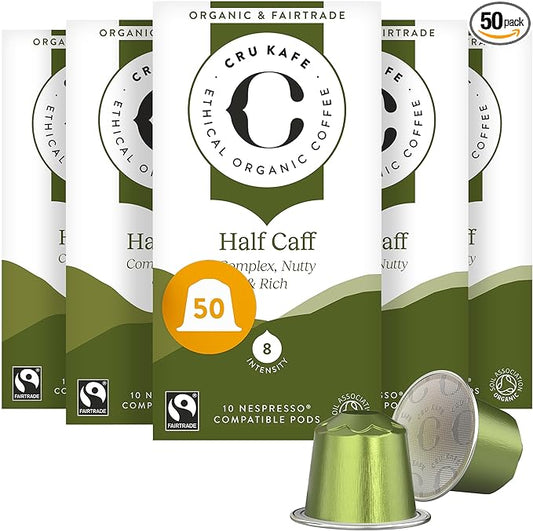 Cru Kafe USDA Organic Half Caff Espresso Coffee Capsules (50 Pods) Fairtrade Coffee Pods Compatible with Nespresso Original Line and Pixie Machines