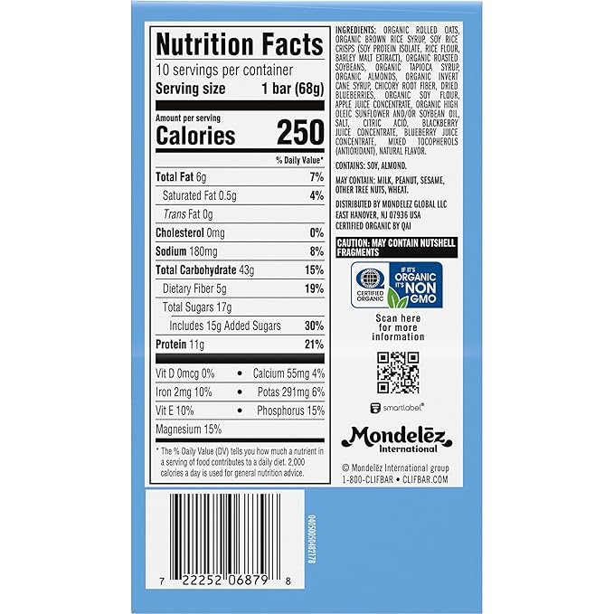 CLIF BAR - Blueberry Almond Crisp - Made with Organic Oats - Energy Bars - Non-GMO - Plant Based Protein Bars (10 Pack)