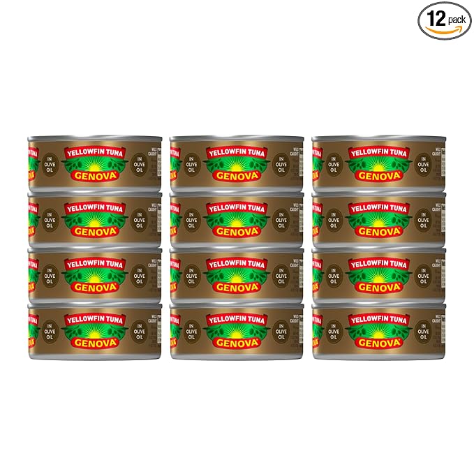 Genova Premium Yellowfin Tuna in Olive Oil, 5 Ounce Cans, 12-Pack – Nutrient Rich, High Protein Canned Tuna Fish - Delicious, Easy, Nutritious Ready to Eat Meals