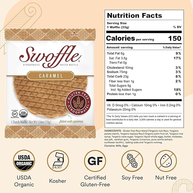 Gluten Free Organic Stroopwafels by Swoffle - Caramel Filled | (4) 1.16oz Wafers | non-GMO, Wheat Free, Kosher, Soy Free, Nut Free and All Natural!