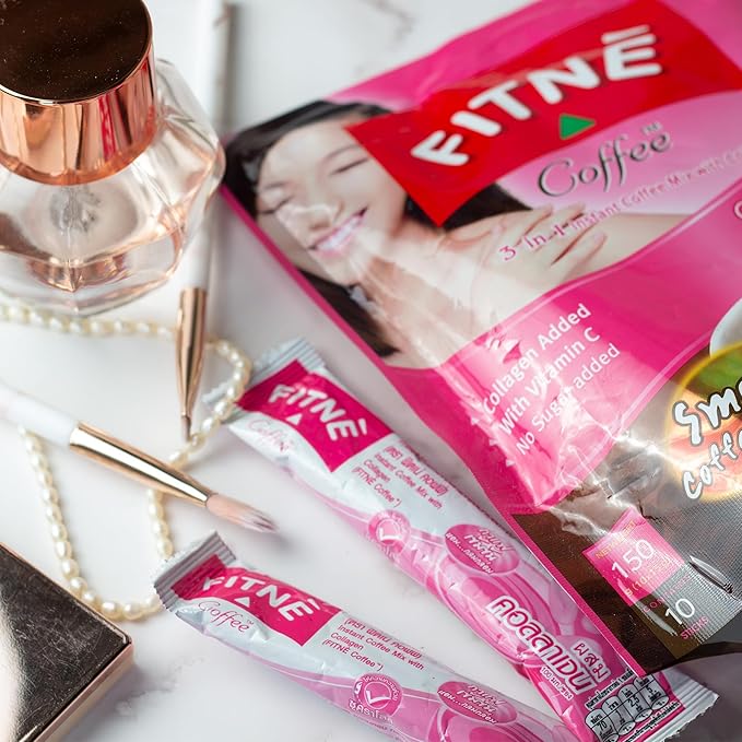 FITNE Instant 3 In 1 Coffee Packets Mix With Natural Hydrolyzed Collagen Vitamin C Smooth Blend Tasty Aromatic No Sugar Sucralose Sweetener, 10 Sticks