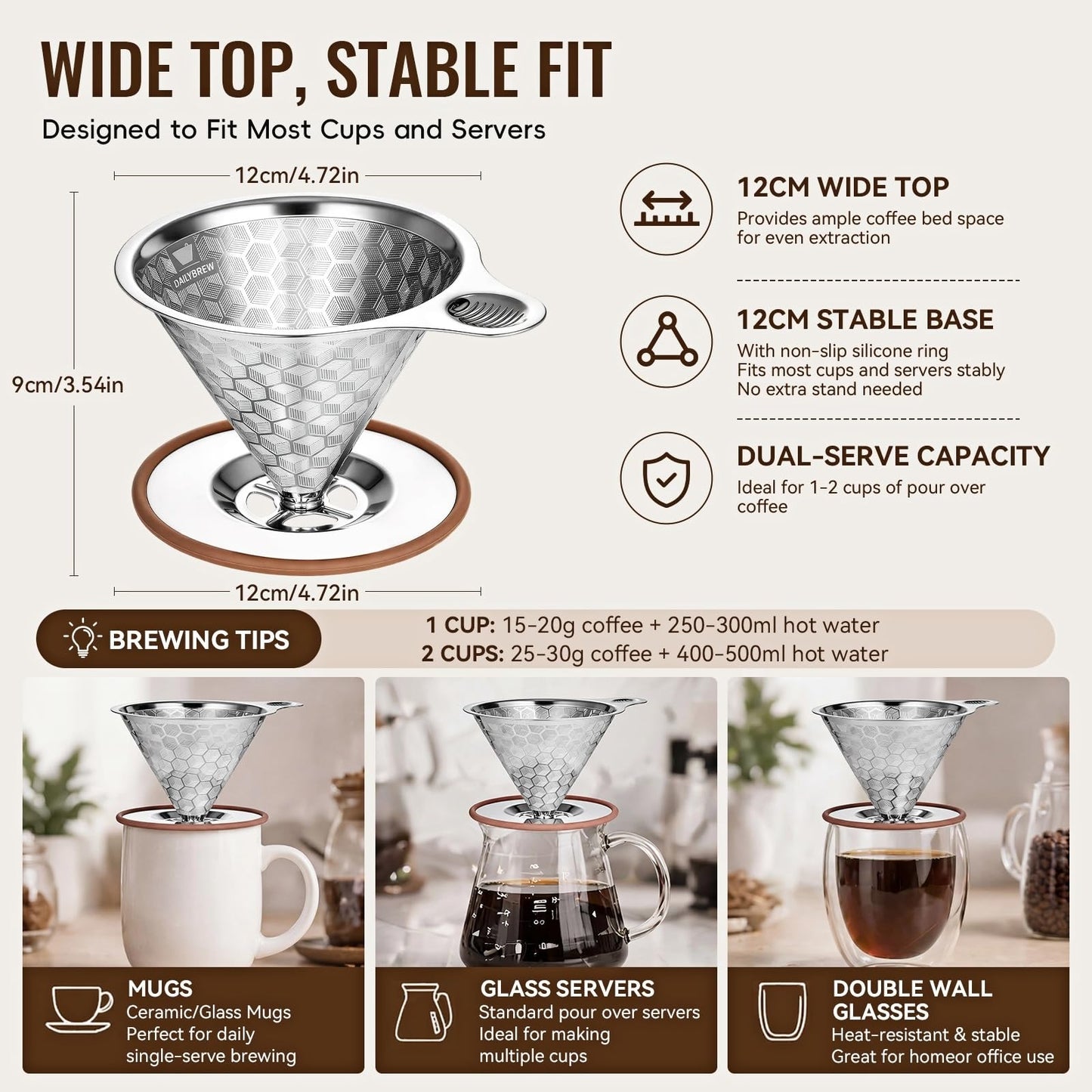 Pour Over Coffee Dripper, Triple-Layer Stainless Steel 800-Mesh Filter #4