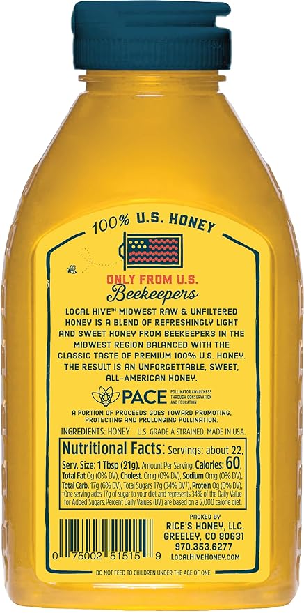 Local Hive Midwest Raw Unfiltered Honey – 16 oz, 100% Pure US Honey, Sourced from American Bees and Beekeepers - Natural Sweetener, Ideal for Tea, Baking, and Cooking