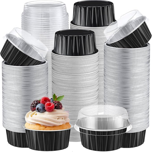Gejoy 400 Pcs Aluminum Foil Baking Cups with Lids 5 oz Disposable Ramekins Mini Cake Pans Creme Brulee Cupcake Liners Muffin Tins Flan Mold Dessert Container for Wedding(Black,Classic)