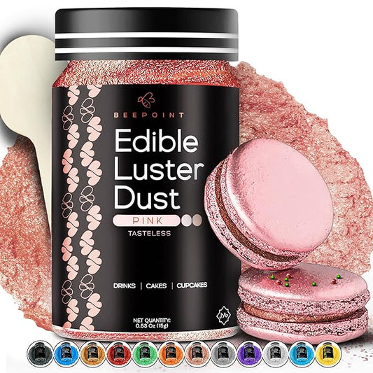 BeePoint Pink Edible Luster Dust 15g - Food Grade, Vibrant Color Shimmer Powdered Dust for Drinks, Cocktails, Cake Decorating, Baking, Chocolates, Candy, Sweets, & Cookies - Vegan & Gluten Free