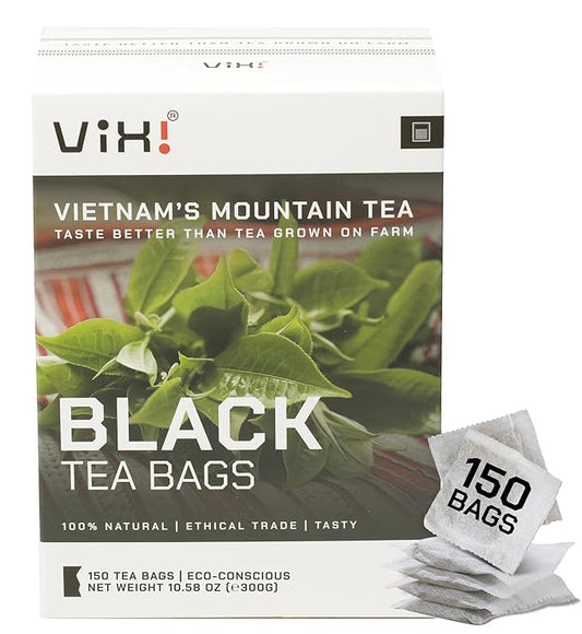 VIXI Black Tea Bags, 150 Counts, Vietnam's Mountain Tea, Bold Flavored, Caffeinated, Tagless, Sugar Free, Asia, 100% Natural from Ancient Tea Tree for Hot and Cold Brew