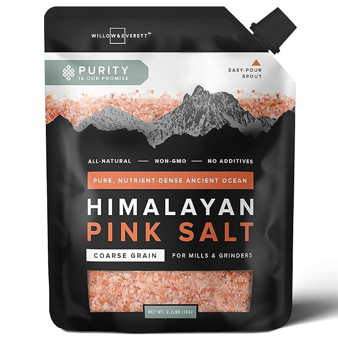 Willow & Everett Himalayan Pink Salt ??Coarse Grain for Grinder/Mill Refill ??Easy Pour Spout - Non-GMO Kosher Rock Salt for Cooking - 2.2 lb / 1 kg