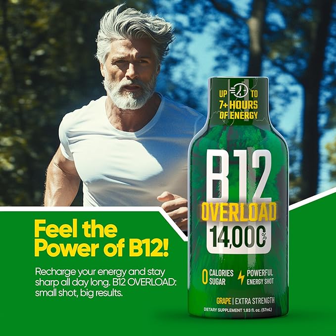 B12 Overload Extra Strength Energy Shot ??Grape ??260mg Caffeine, 14000% B12, Electrolytes ??Energy & Vitality Support ??Zero Sugar No Calories ??Vegan, Kosher, Gluten-Free ??1.93 fl oz, 12-Pack