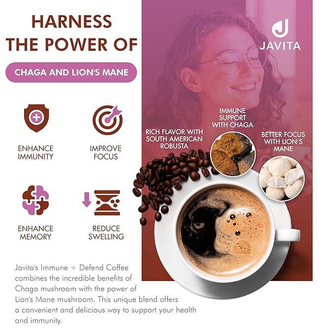 Mushroom Coffee by Javita, Immune & Defend Blend of Chaga, Lion's Mane and Dark Roast Coffee for Morning Boost, Antioxidant Support; Keto-friendly, 1 box of 24 (3.5 g) Sticks, 24 ct