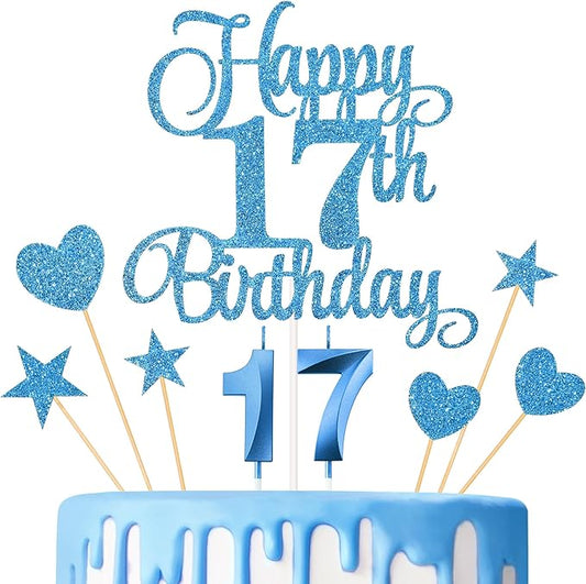 17th Birthday Cake Decorations, 17th Birthday Candles Cake Numeral Candles and Glitter Happy 17th Birthday Cake Toppers Set for Birthday Party Supplies (Blue)