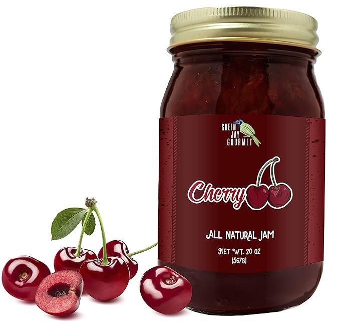 Green Jay Gourmet Cherry Jam - All-Natural Fruit Jam with Cherries & Lemon Juice - Vegan, Gluten-free Jam - Contains No Preservatives or Corn Syrup - Made in USA - 20 Ounces