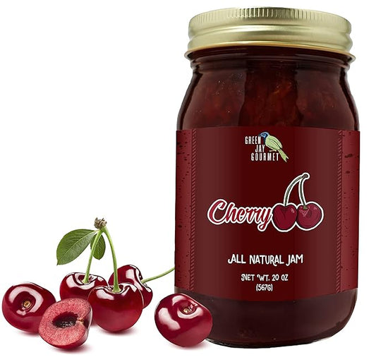 Green Jay Gourmet Cherry Jam - All-Natural Fruit Jam with Cherries & Lemon Juice - Vegan, Gluten-free Jam - Contains No Preservatives or Corn Syrup - Made in USA - 20 Ounces