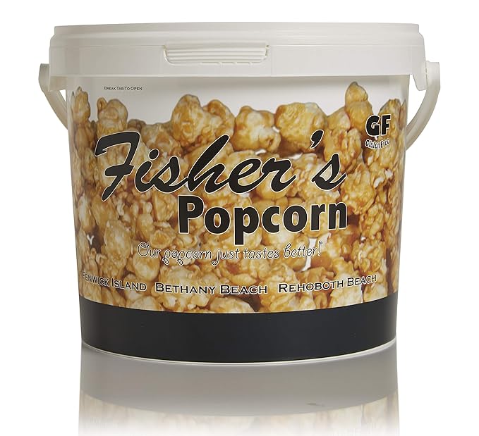 Fisher's Popcorn Caramel Popcorn, Gluten Free, 5 Simple Ingredients, Handmade, No Preservatives, No High Fructose Corn Syrup, Zero Trans Fat, 48oz Tub (2.5 Gallons)