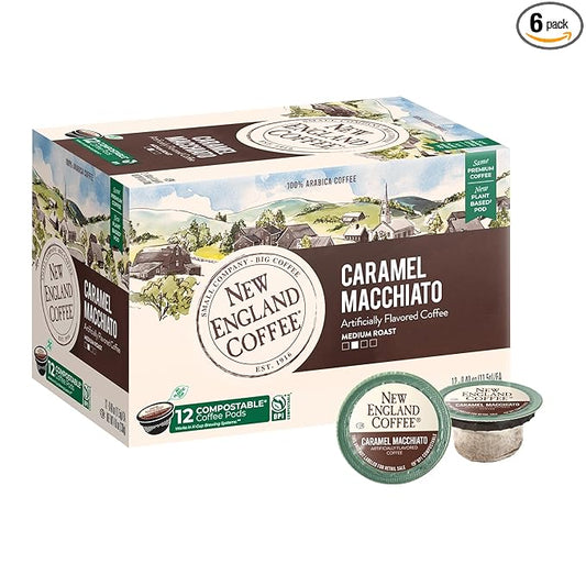 New England Coffee Caramel Macchiato Medium Roast Single Serve Pods, 12ct Box (Pack of 6)