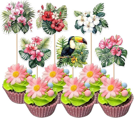 Rsstarxi 36 Pack Hawaiian Luau Flower Cupcake Toppers Hawaii Tropical Bird Cupcake Picks for Summer Bridal Engagement Baby Shower Birthday Hawaiian Luau Party Decorations Supplies