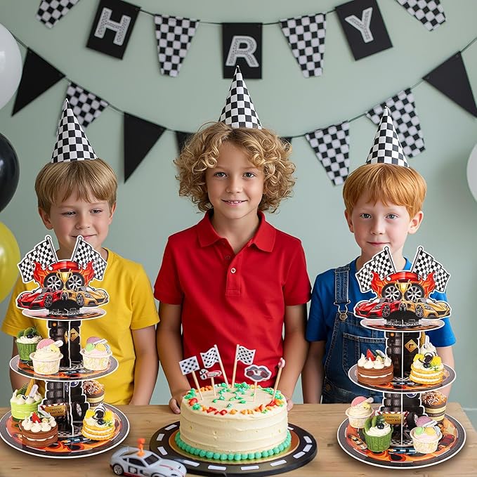 2 Pack Race Car Birthday Party Decorations Race Car Cupcake Stand 3 Tier Racing Cupcake Holder Truck Party Favors for Kids Boys Birthday Baby Shower Supplies