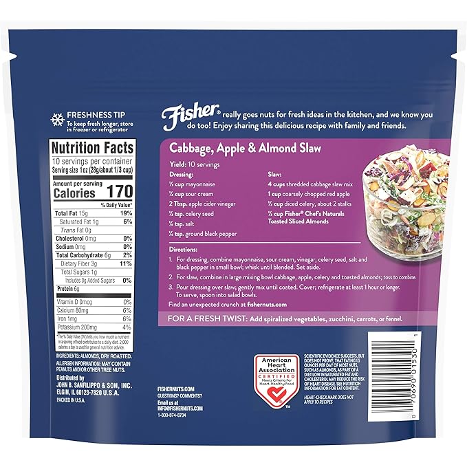 Fisher Chef's Naturals Unsalted Toasted Sliced Almonds 10oz Resealable Bag, Raw Nuts Perfect for Cooking, Baking & Snacking, Healthy Snacks for Adults, Vegan Protein, Keto Snack, Gluten Free