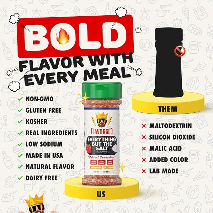 No Salt Seasoning, Everything but the Salt Seasoning by Flavor God, No Sodium, Natural, Garlic, Chili & Black Pepper, Salt Substitute, Salt Free, Spices with Flavor, Low Sodium Vegan, Popcorn, Pasta
