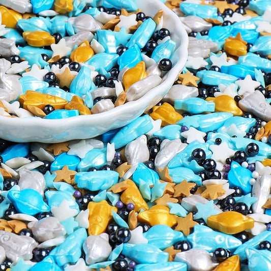 Space themed Sprinkles for Cake Decorating, Rocket, Planet, Star & Pearl Sugar Mix for Baking Cupcakes, Cookies, Donuts & Ice Cream, Birthday Party Supllies