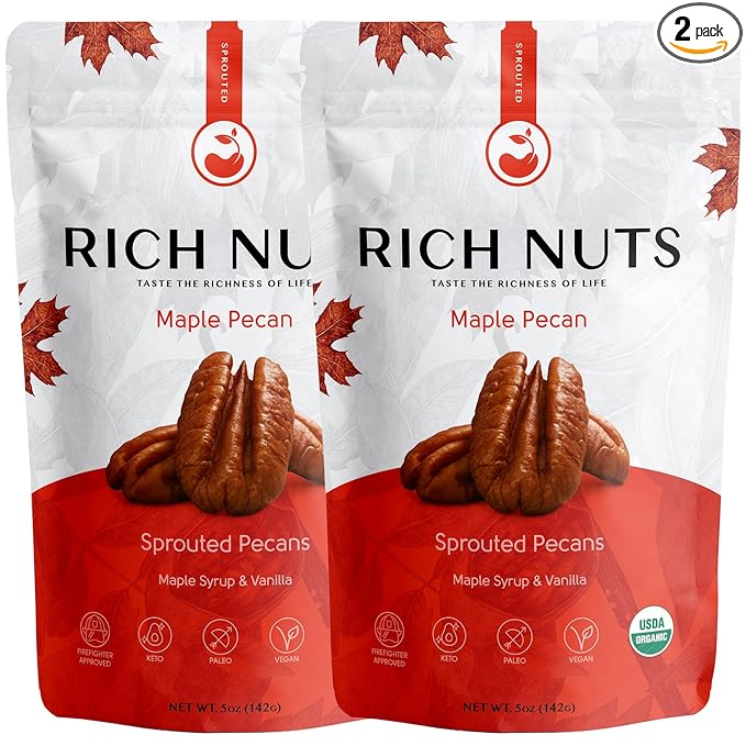 Rich Nuts Maple Pecan Gourmet Sprouted Pecans | Vegan, Paleo, Keto | Made with Maple Syrup, Vanilla Extract and Sea Salt | Non-Roasted from Dehyrdated Germinated Raw, Whole Pecans | 4 Oz Bag (2 Pack)