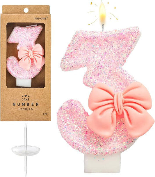 PHD CAKE Number 3 Pink Bowknot Birthday Candles, Cute Themed Number Candles, Party Celebration