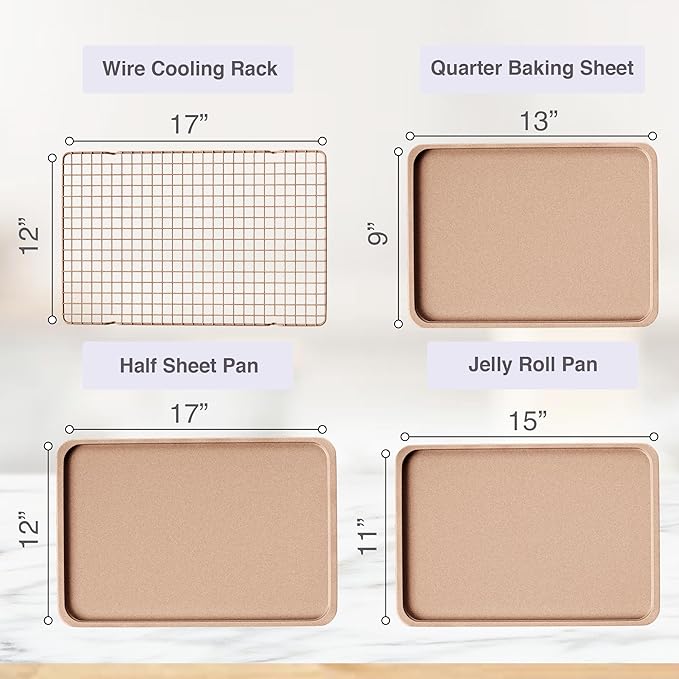 3 Cookie Sheets for Baking + Cooling Rack, Non Stick Baking Sheet Set with Cookie Cooling Rack - Half/Quarter/Jelly Roll Pan with Wire Rack, Sheet Pan Set of 3, Non Toxic Baking Sheets for Oven.