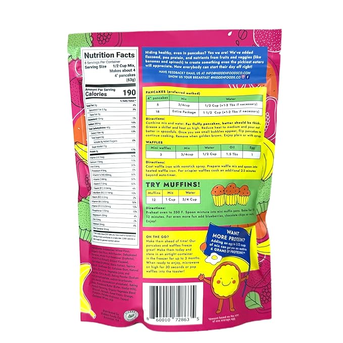 Hidden Foods Sprinkle Pancake & Muffin Mix, Made With Natural Oats, Flaxseed, Fruits & Vegetables | No Added Sugars, Healthy Blend of Protein & Fiber | Breakfast Meal, Just Add Water - 12 Oz - 2 Pack