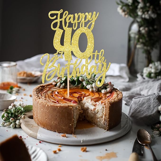 1 PCS Happy 40th Birthday Cake Topper Glitter Cheers to 40 Years Birthday Cake Pick Forty Hello 40 Fabulous Cake Decoration for Happy 40th Birthday Anniversary Party Decorations Supplies Gold