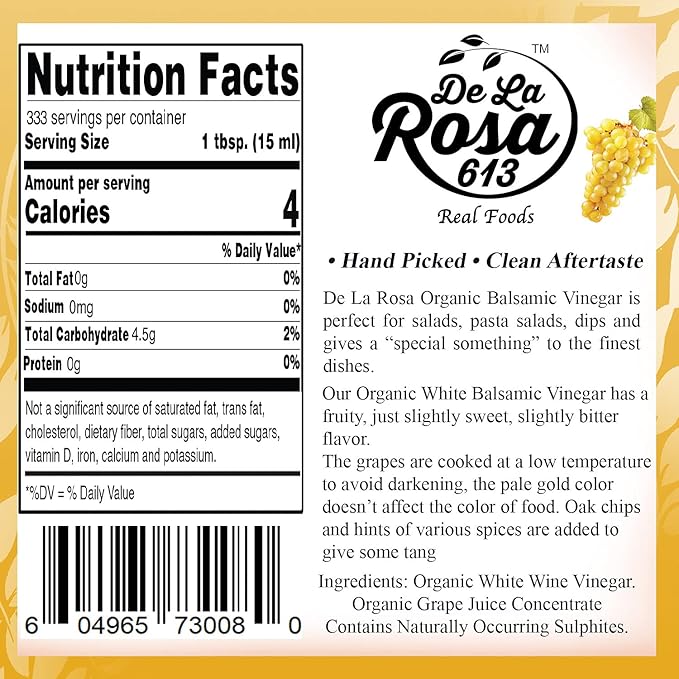De La Rosa Organic White Balsamic Vinegar, Vegan, Kosher, Non-GMO & Gluten Free, Great for Salad