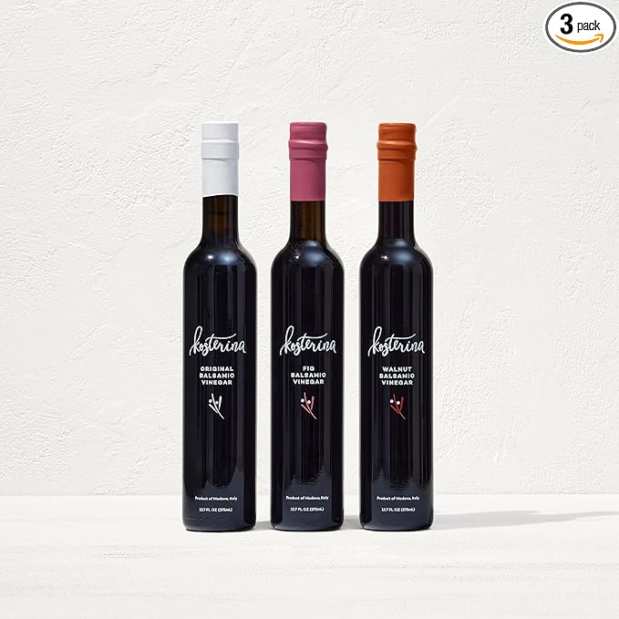 Kosterina Signature Balsamic Vinegar Trio | Original, Fig & Walnut Balsamic Flavor | Authentic Mediterranean Flavors, Made from Lambrusco & Trebbiano Grapes | 12.7oz (375ml), 3 Pack