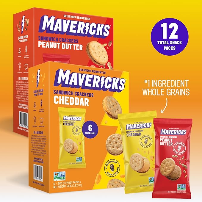Mavericks Sandwich Crackers Variety Pack - Peanut Butter & Cheddar Snack Crackers, Whole Grain - 2 Boxes (6 Snack Packs of Each)