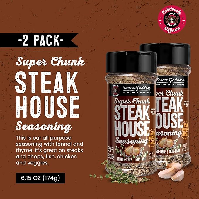 Sauce Goddess Super Chunk Steakhouse Spice Shaker (2-Pack) - Versatile, Delicious Steak Seasoning, BBQ Rub for Chops, Chicken and Veggies! Gluten-Free, Vegan, and No Sugar
