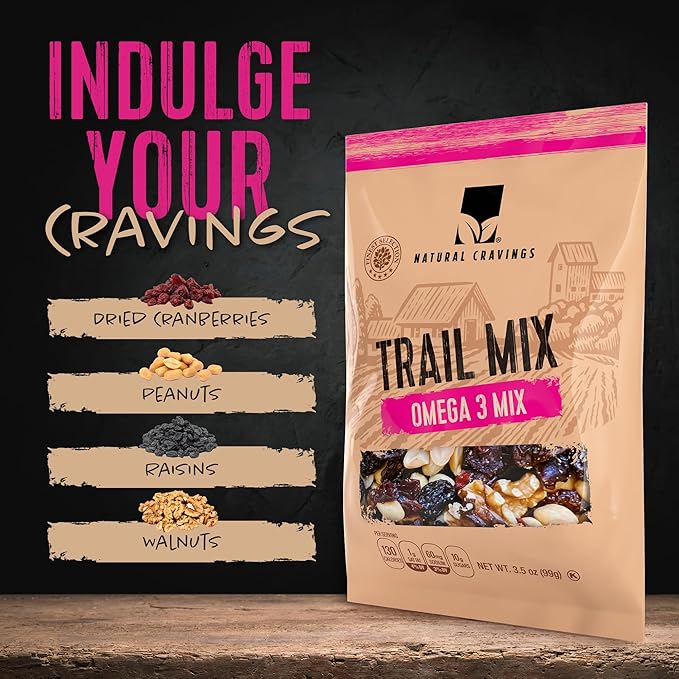 Natural Cravings Trail Mix Snack Dried Fruit Mix & Nuts Mix with Chocolate Chips, Peanuts, Cranberries, Raisins, Walnuts, Tropical Fruits (12 Pack, Omega 3 Mix)