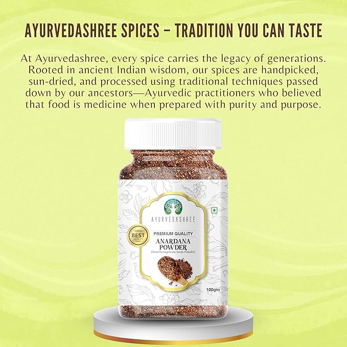 AYURVEDASHREE Anardana (Pomegranate) Ground, Indian Spice 100gm PET Jar | All Natural | No Color | Vegan | NON-GMO | No Salt or fillers | Anardana Powder | Pomegranate Powder | Indian Spice
