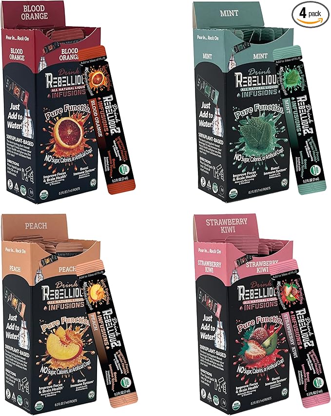 Rebellious Organic Energy Drink Mix Pure Function Bundle (4 Diffent Packs, 10 Counts on Each Pack) ??0 Calories, Sugar Free, Loaded with Antioxidants, L-Theanine, and Natural Caffeine ??40 Counts